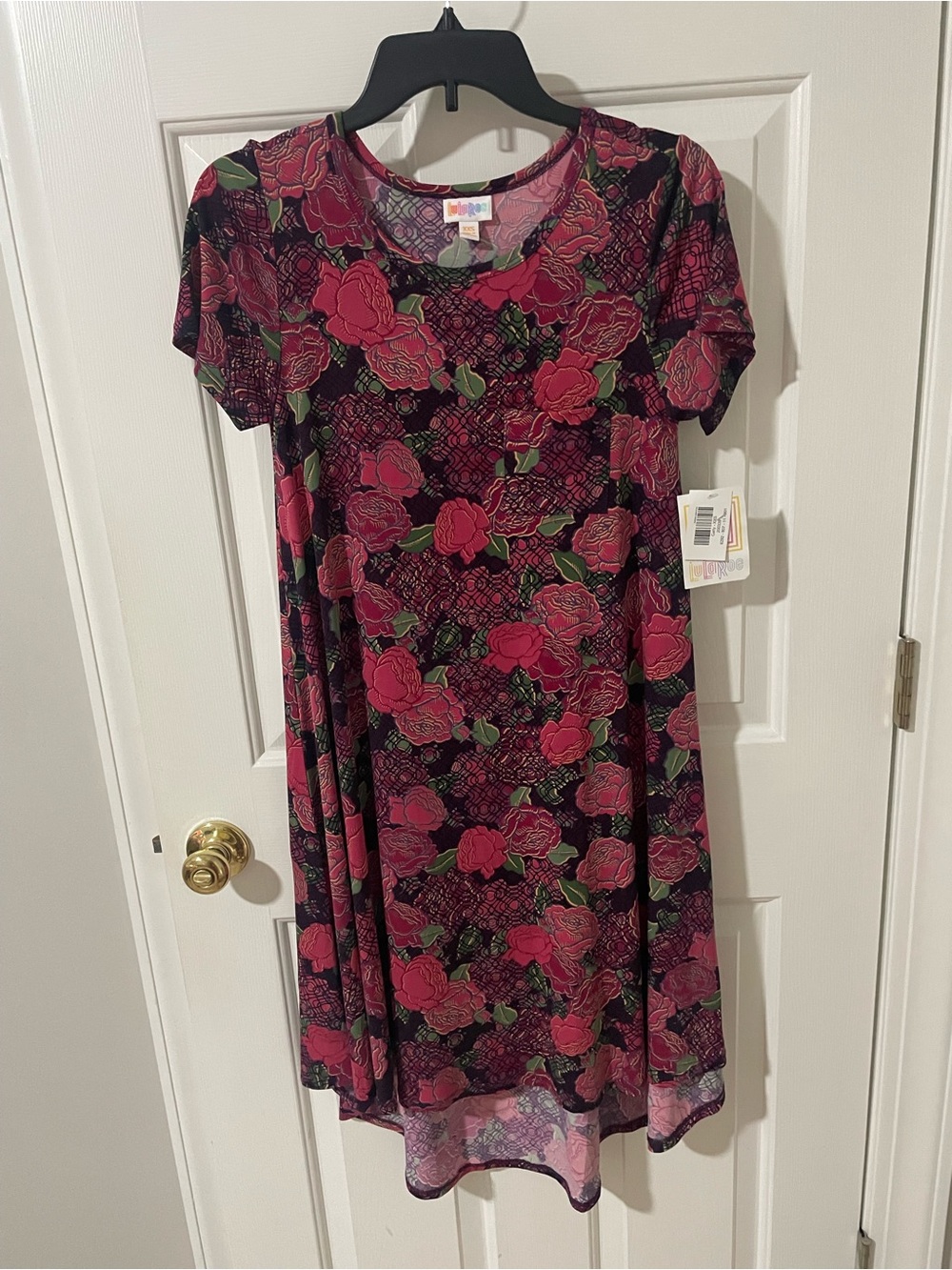 LuLaRoe Black Midi Dress with Pink Rose Print